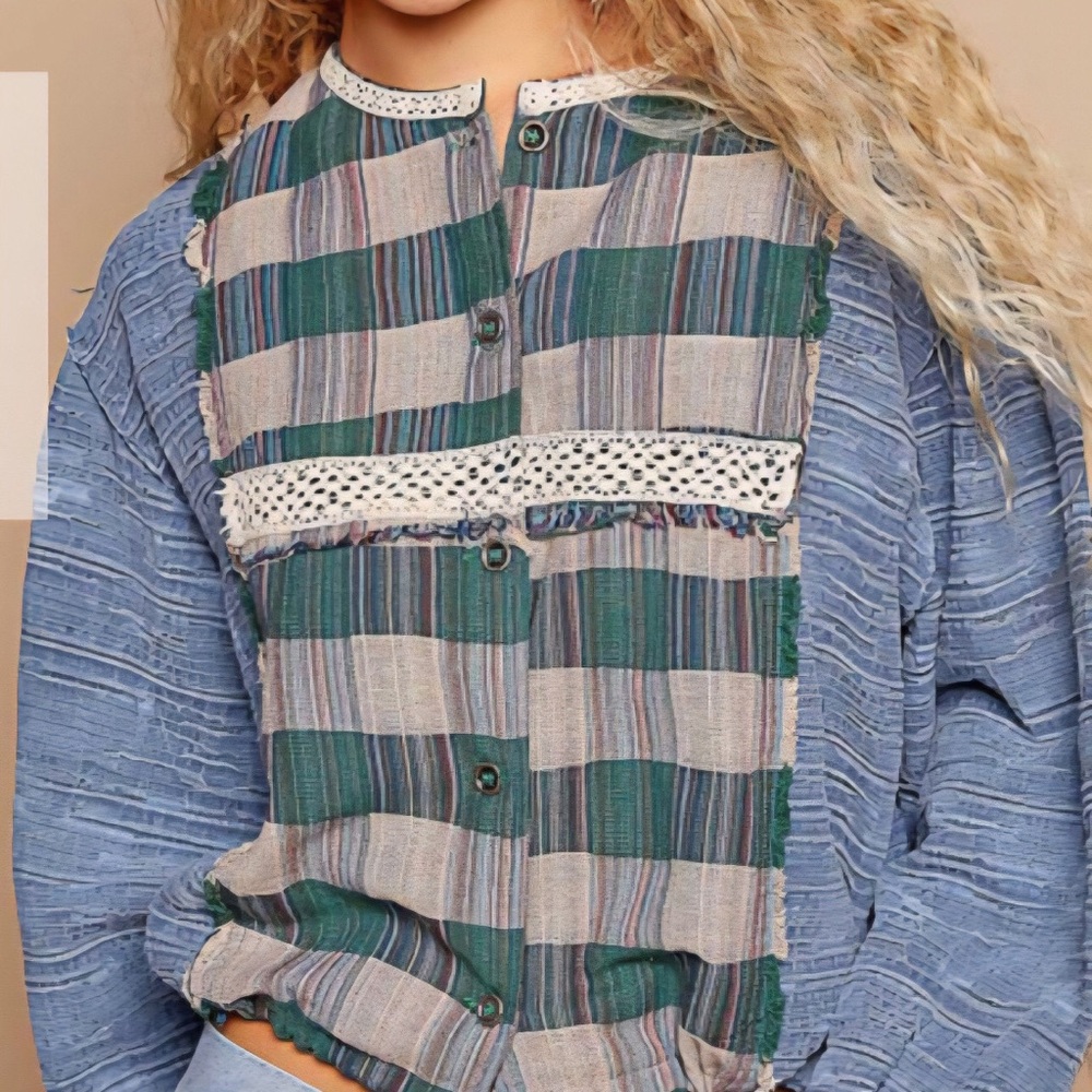 POL Blue and Green Patchwork Blouse
